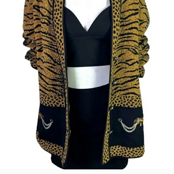 DOLCE BELLA ANIMAL PRINT CARDIGAN CHUNKY OVERSIZED THICK WOOL SWEATER GOLD BLACK - Picture 2 of 10